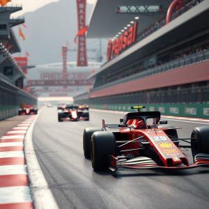 Ilustracja przedstawiająca bolidy F1 na torze wyścigowym