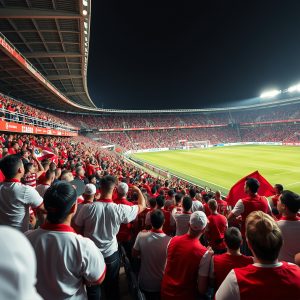 Ilustracja będąca zapowiedzią meczu Gruzji przedstawiająca kibiców Gruzji oczekujących na mecz na stadionie piłkarskim