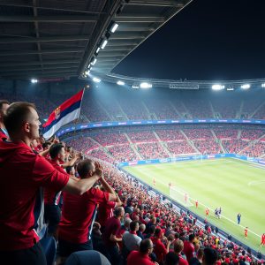 Ilustracja przedstawiająca kibiców piłki nożnej na stadionie piłkarskim