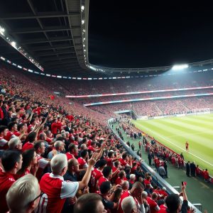 Ilustracja przedstawiająca kibiców reprezentacji Walii na stadionie piłkarskim